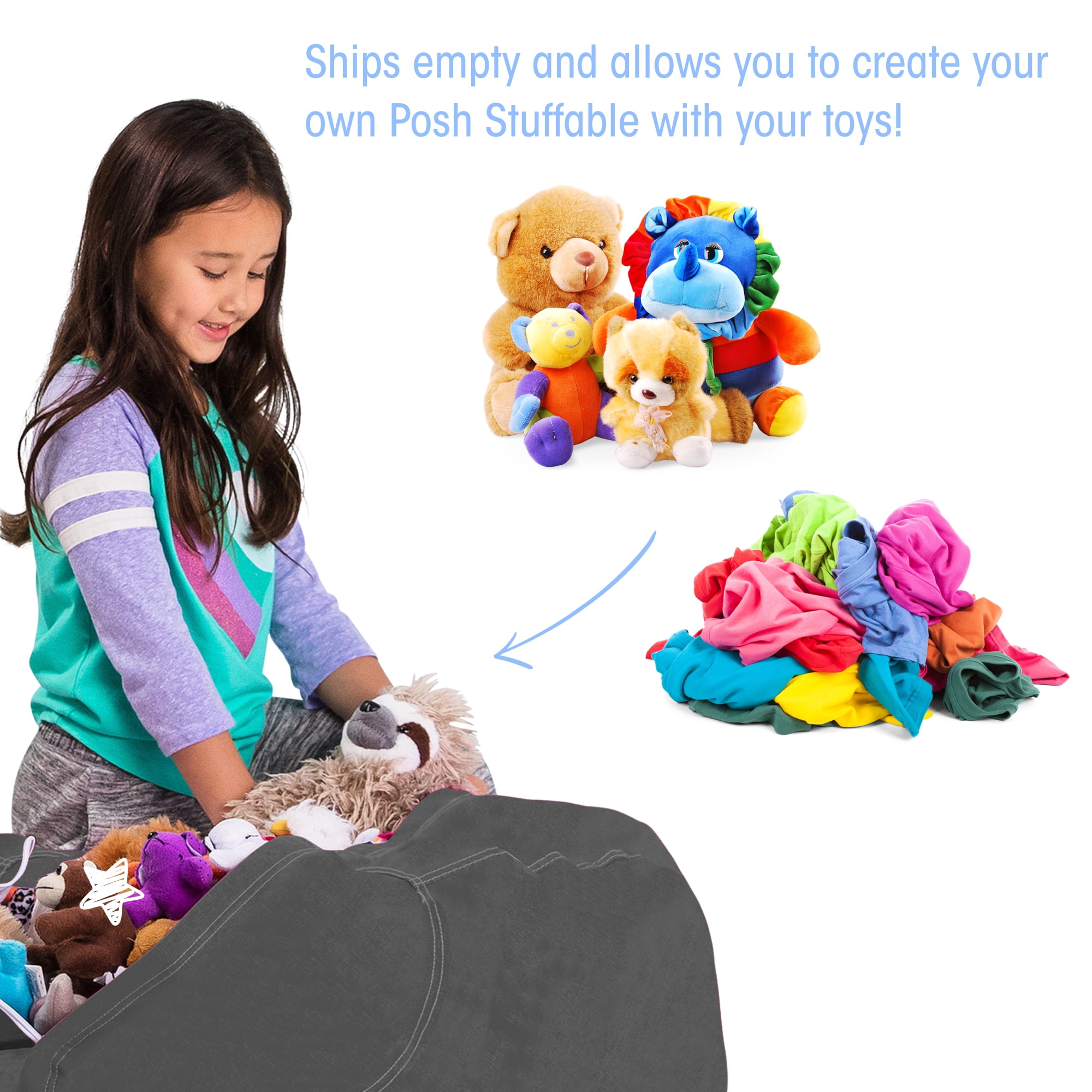Posh Creations Bean Bag Stuffable Cover - Toy Organizer, Soft Cover, Kids, 3 ft, Heather Gray