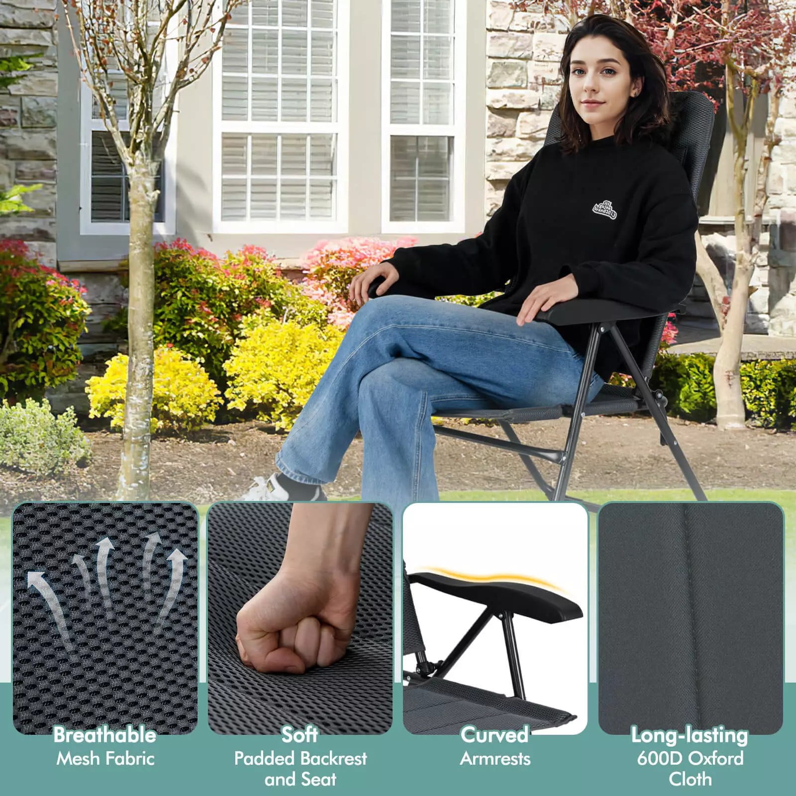 Auranook 2PCS Patio Folding Chairs Back Adjustable Reclining Padded Garden Furniture