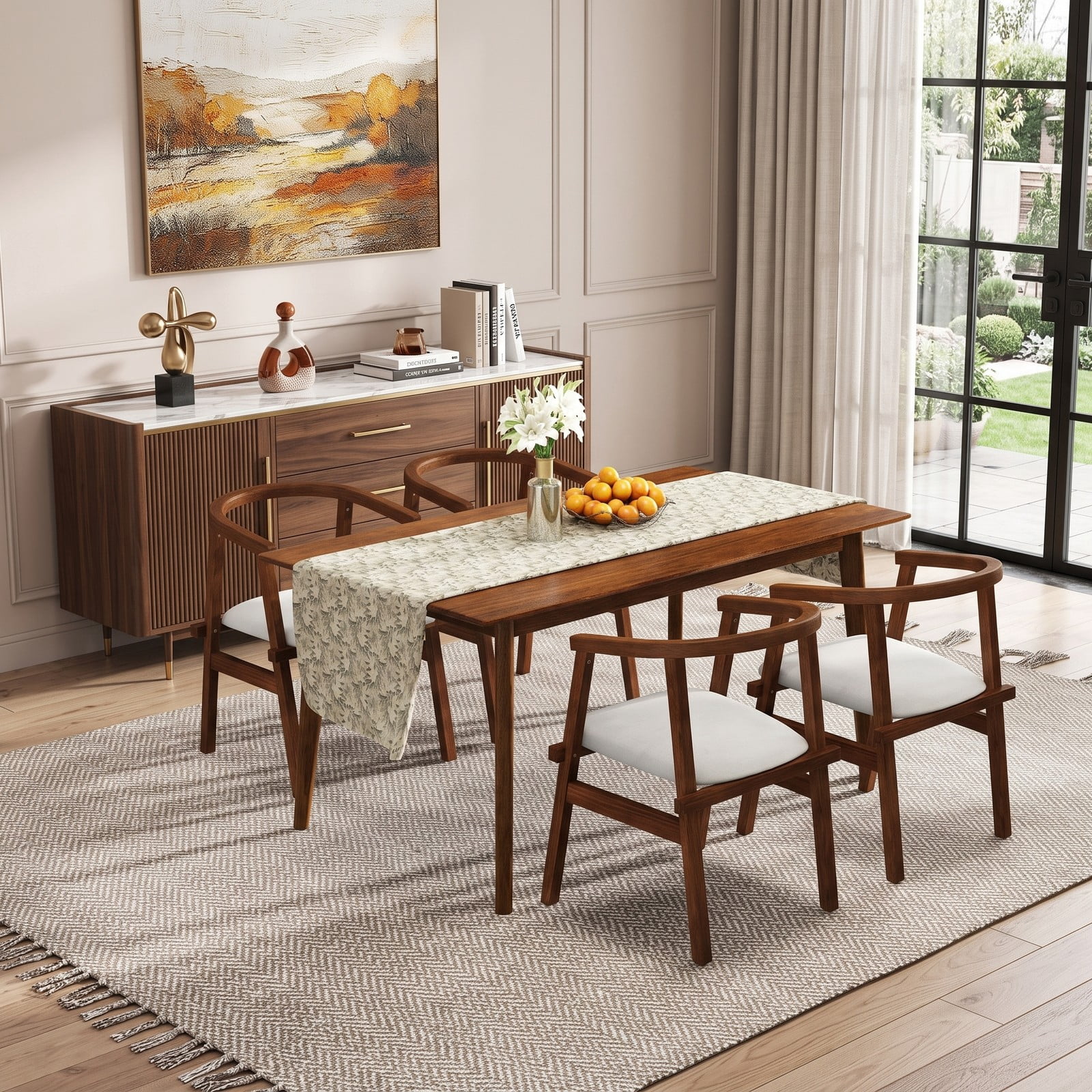 Furnibear Set of 2 Solid Rubber Wood Dining Chairs, Upholstered Wrap-Around Armrest Kitchen Side Chairs with Curved Backrest for Home Dining Room, Walnut & Beige