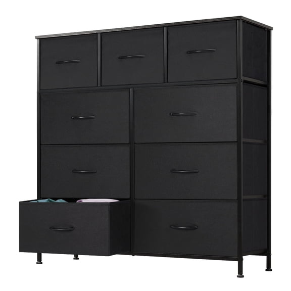 EDX 9 Drawer Dresser, Wide Chest of Drawers Nightstand Storage Tower Storage Fabric Dresser with Wood Top for Living Room, Bedroom, Hallway,Black
