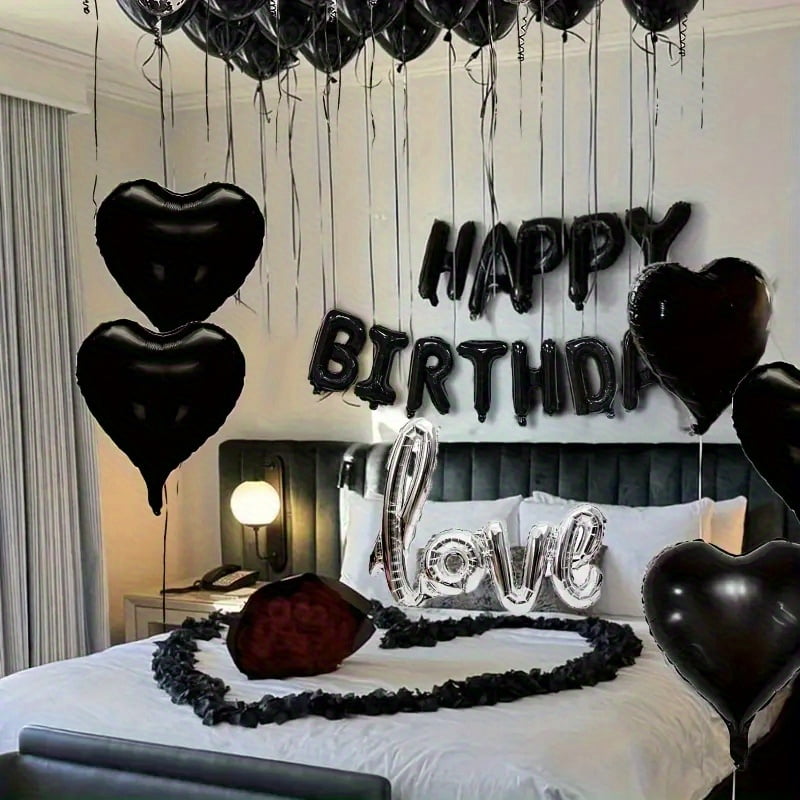 218pcs Black 16.0 Inch Birthday Balloons with Black Heart-Shaped Aluminum and Silvery Love Balloons, Including Black Petals - Perfect for Birthday Parties and Romantic Celebrations