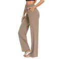thumbnail image 5 of MIXUE Linen Pants Women Solid Color Wide Leg Drawstring Baggy Sweatpants High Waisted With Pockets Loose Yoga Trousers Womens Pants Daily-Wear,Brown,S, 5 of 6