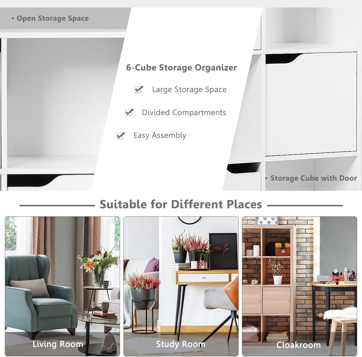 Favory 6-Cube Storage Organizer, Storage Cabinet with 4 Open Cubes and 5 Cabinets, Freestanding Wooden Cubby Bookcase, Compartment Units for Home Office, 3-Tier Bookshelf for Books,White