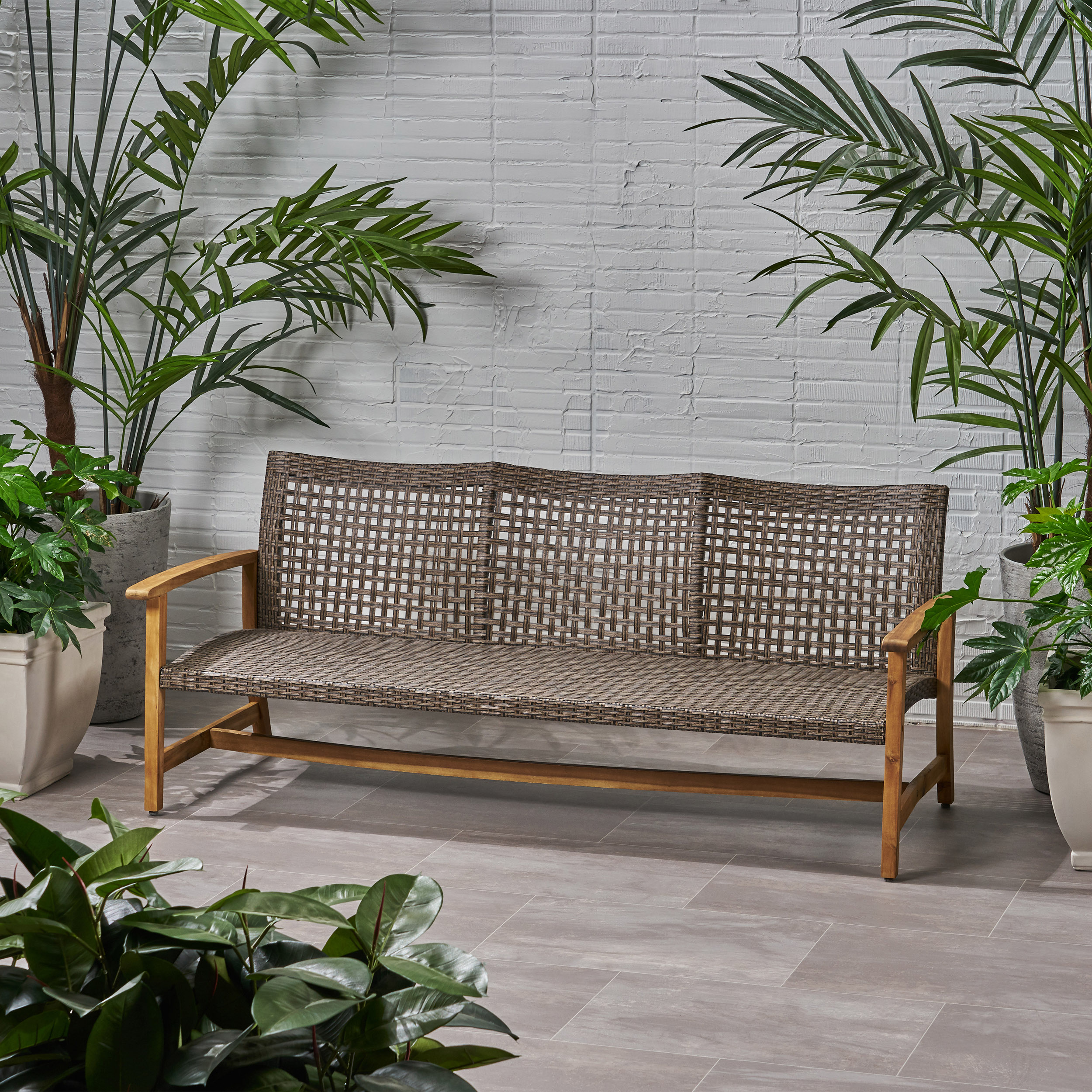 Outdoor Wood Woven Combined 3 Seater Sofa, Large Leisure Couch for Patio Garden, Multi Brown and Gray