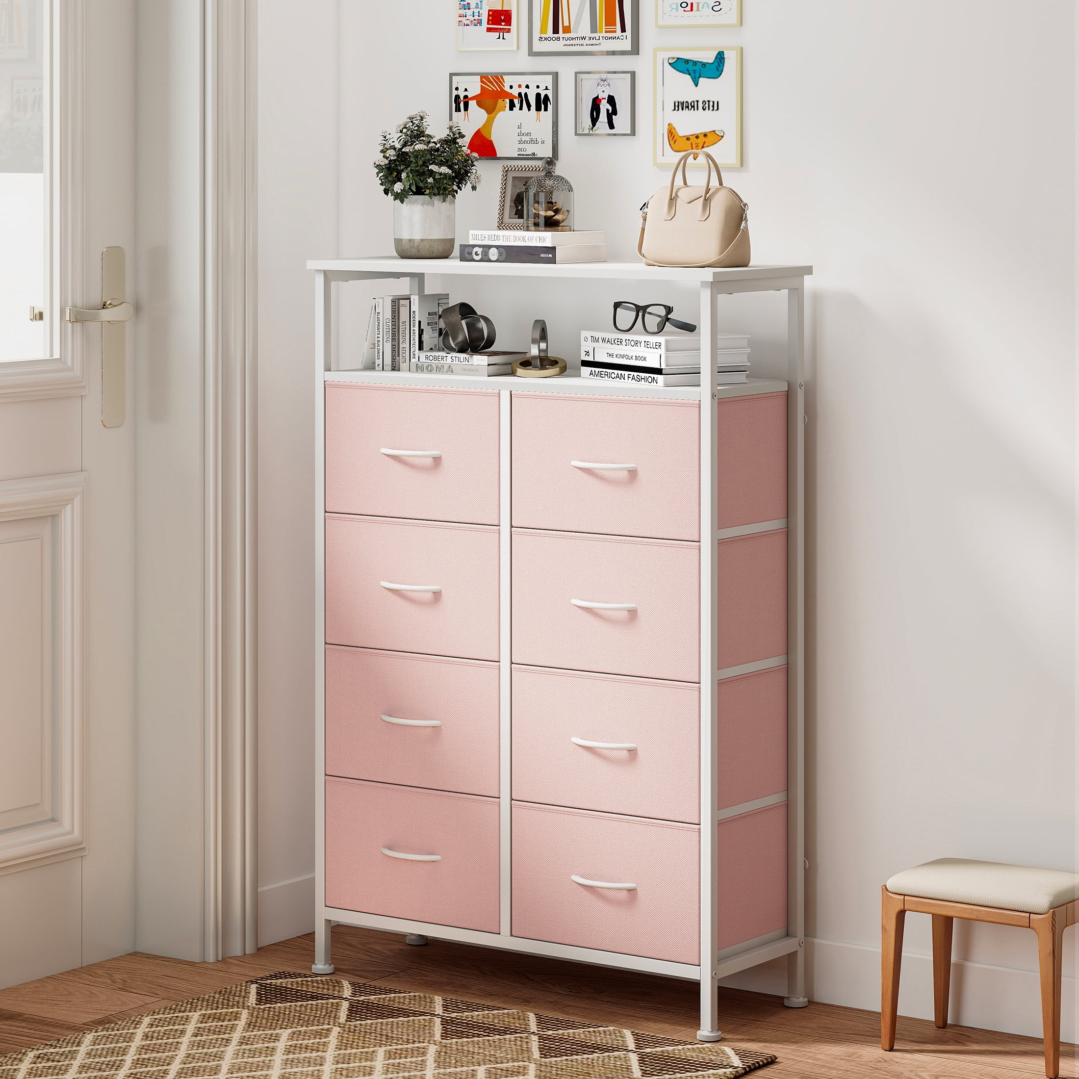 edx 8 Drawers Fabric Dresser, Clothes Storing, Storage Tower Organizer TV Stand, for Bedrooms, Wardrobes, Entryways, and Living Rooms, Pink