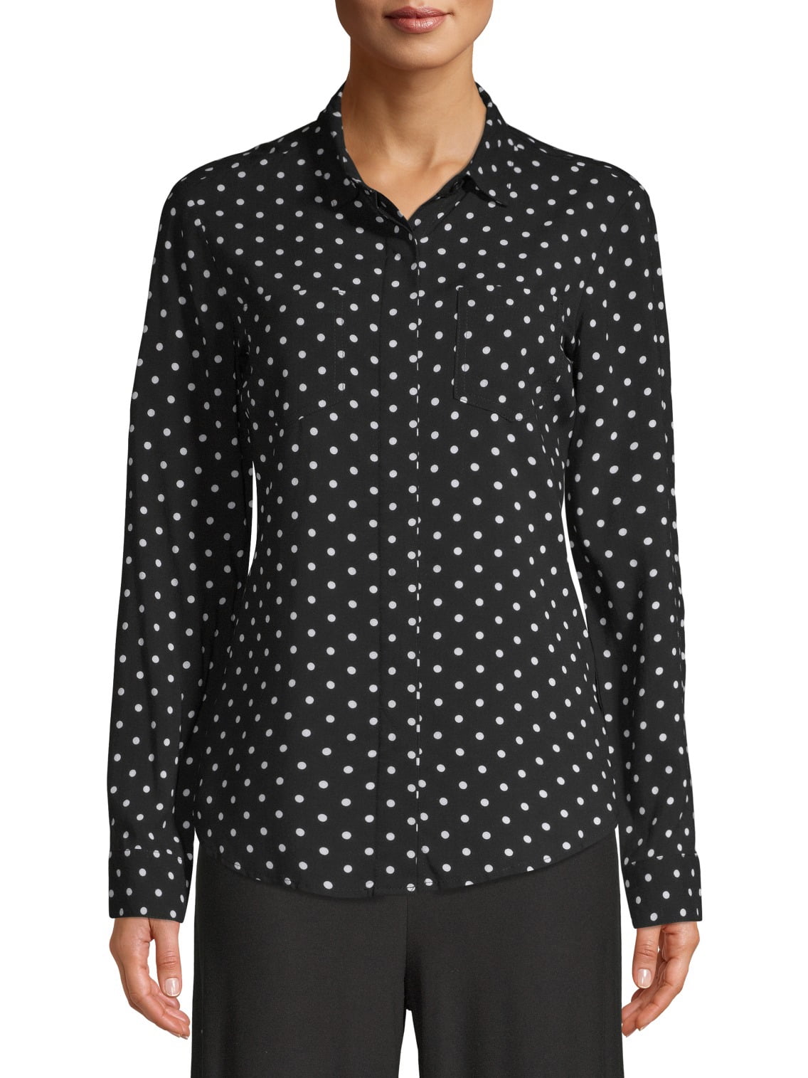 white polka dot button down shirt