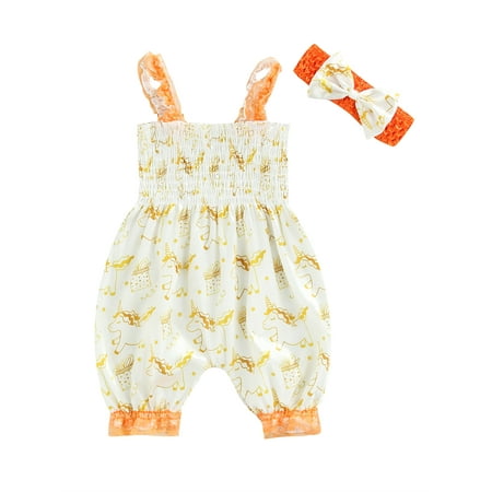 

Amuver Baby Girls Jumpsuit Outfit Flower/Pony/Candy Printing Lace Splicing Suspender Bloomers Sleeveless Cropped Trousers + Headwear