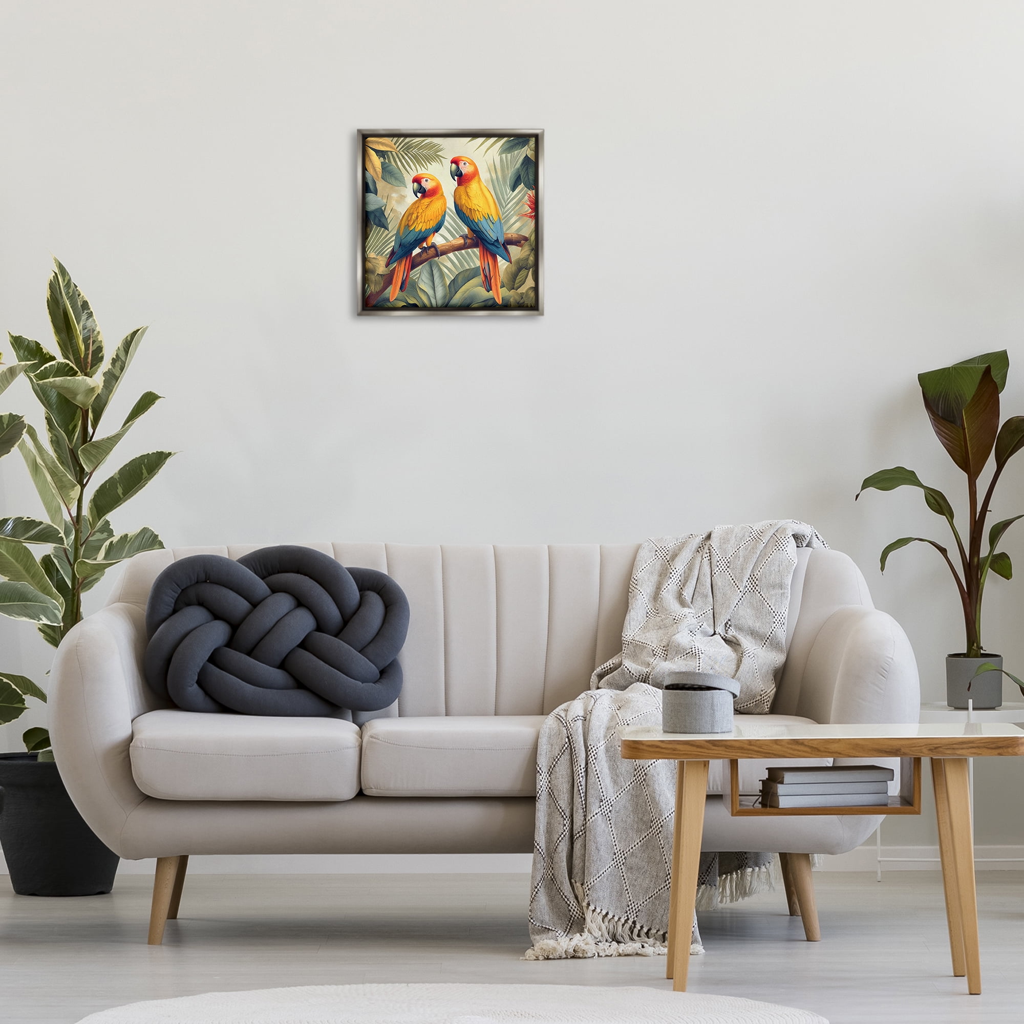 Stupell Industries Parrot Duo on Branch Animals Painting Gray Floater Framed Canvas Art Print Wall Art, 18 x 18