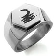 thumbnail image 1 of Stainless Steel Ancient Tribal Vigilance Rune Engraved Hexagon Crest Flat Top Biker Style Polished Ring, 1 of 1
