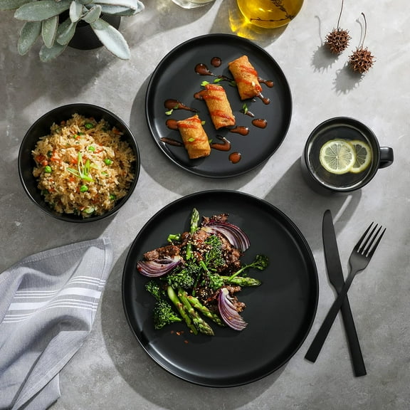 Zuma Stoneware Plates, Bowls, & Mugs Dinnerware Set - Matte Black, Service for Four (16pcs)