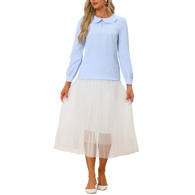 BLUSA DE TRABAJO PARA MUJER INSPIRADA CHIC DE MANGA LARGA CON CUELLO PETER PAN TAMAÑO S AZUL CLARO