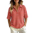 thumbnail image 2 of Short Sleeve Waffle Knit Shirt for Women Striped Polo Collar Top Loose Fit Button Neck Casual Preppy Vacation Summer, 2 of 6
