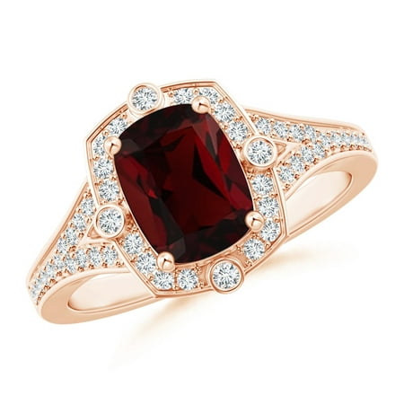 Valentine Jewelry Gift - Art Deco Inspired Cushion Garnet Ring with Diamond Halo in 14K Rose Gold (8x6mm Garnet) - SR1086GD-RG-AA-8x6-7