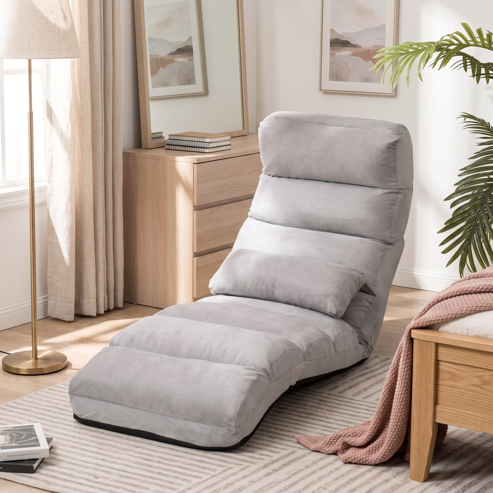 Furnibear Folding Lazy Sofa Floor Chair, 5-Position Adjustable Faux Suede Padded Recliner Lounger with Steel Frame and Free Pillow for Gaming Reading TV, Gray