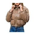 thumbnail image 1 of FOCUSNORM Women Juniors Long Sleeve Stand Collar Solid Color Cropped Puffer Jackets, 1 of 9