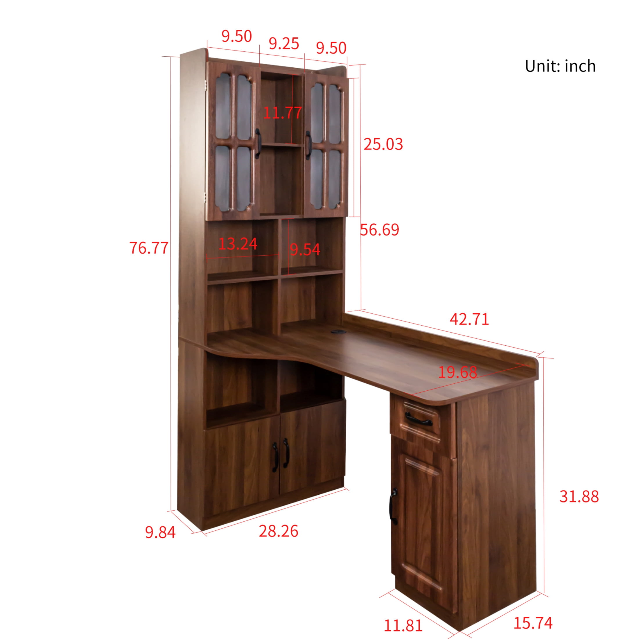 Noble House 55" L-Shaped Corner Computer Desk with Hutch, Storage Cabinets & Bookshelf, Large Workstation, Walnut