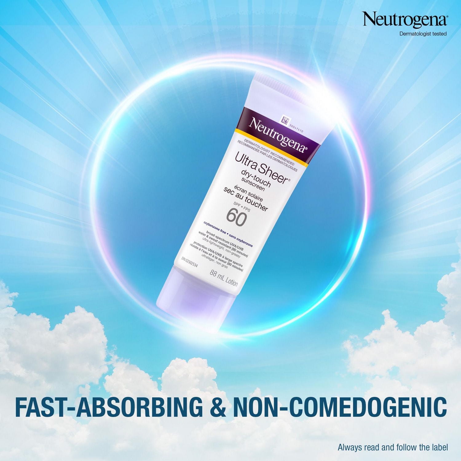 Neutrogena Ultra Sheer Dry-Touch Sunscreen Lotion, Broad Spectrum SPF 60 UVA/UVB Protection, Oxybenzone-Free, Light, Water Resistant, Non-Comedogenic & Non-Greasy, 88 mL