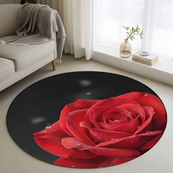 Red Rose Round Area Rug 3.3Ft Washable Circle Rugs for Dining Room Table, Abstract Spring Flowers Vintage Black Non-Slip Carpet Floor Mats Indoor Outdoor Carpet Runner Aesthetic Home Decor