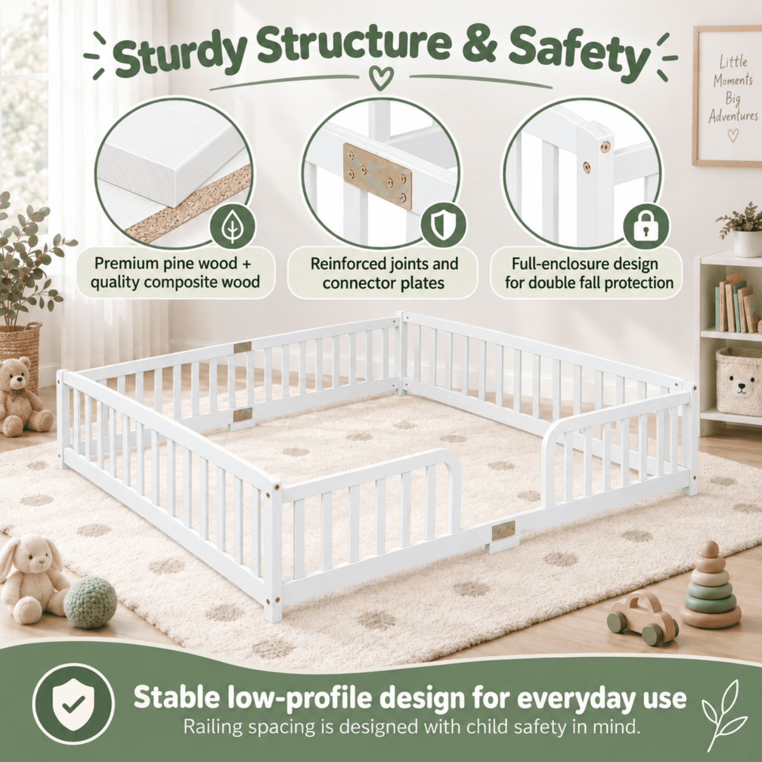 Miniyam Queen Size Kids Floor Bed with Guardrails, Low-to-Ground Montessori Wood Bed, White
