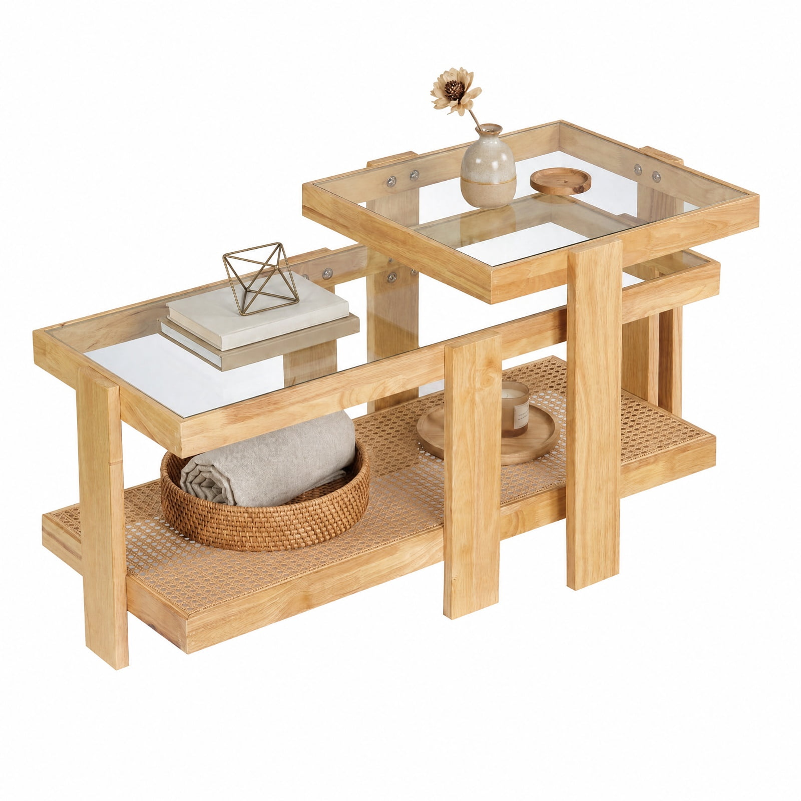Furnibear Set of 2 Nesting Coffee Table with Tempered Glass Top and Boho Rattan Storage Shelf for Living Room for Home and Living Space, Natural