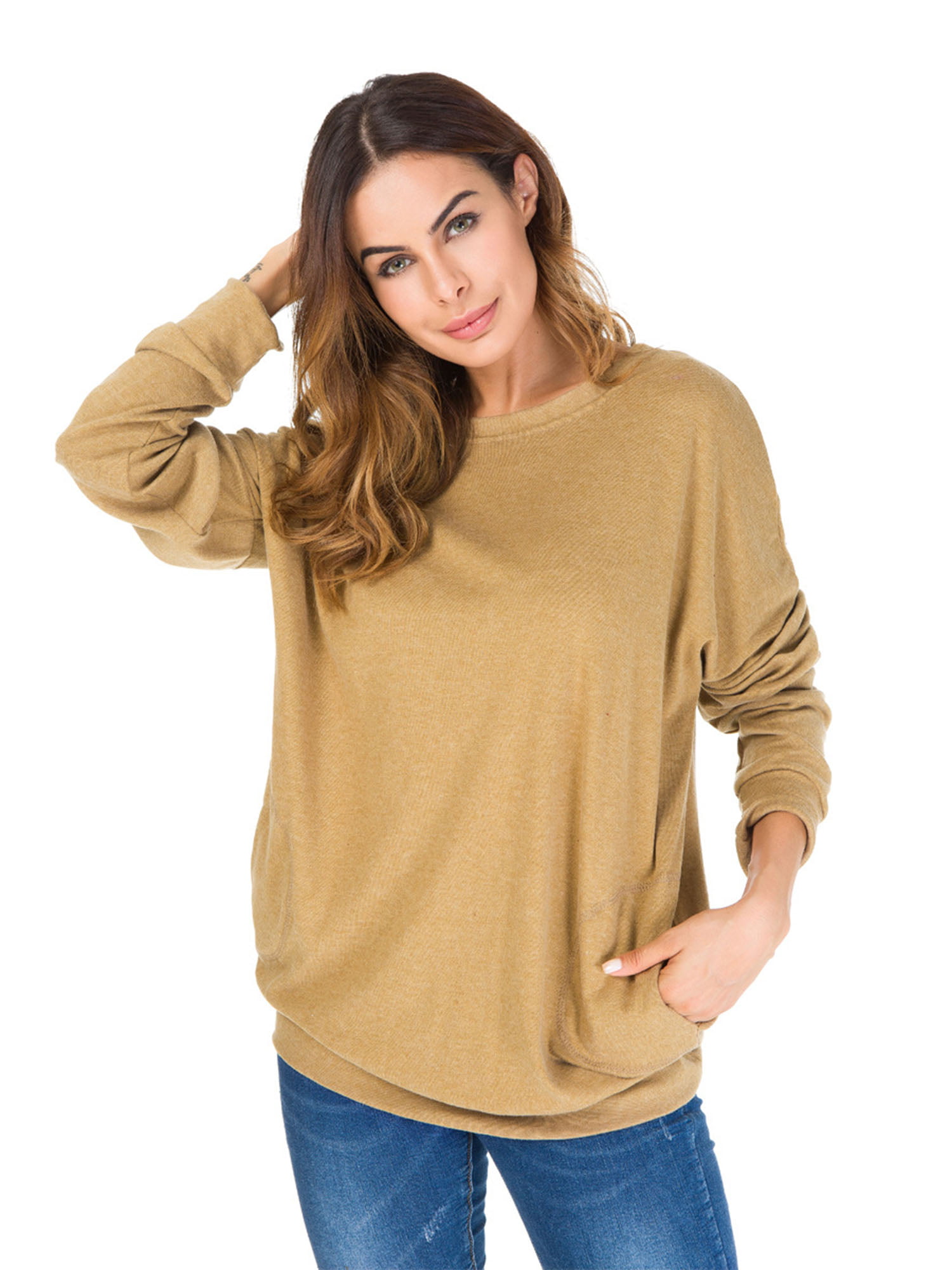 Tomteamell Womens Round Neck Side Split Pocket Long Sleeve Shirt Loose Casual Blouse Tops