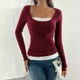 thumbnail image 2 of CIENVNSTG Women Lace Patchwork Ribbed Knit Tee Scoop Neck Casual Slim Fit Long Sleeve Crewneck Button Up Ruched Crop T-Shirts Wine S, 2 of 7