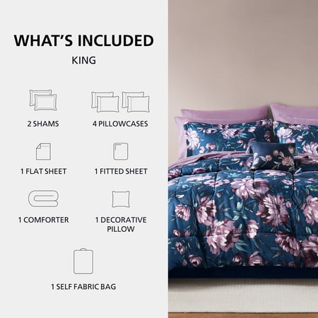 MAINSTAYS ALL IN ONE REVERSIBLE COMFORTER AND SHEET SET- 11 PIECE, KING, NAVY FLORAL