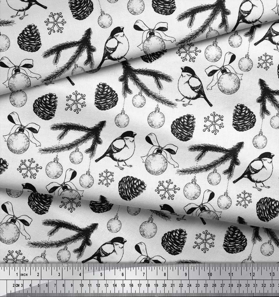 Soimoi Black polyester Georgette Fabric Spruce Leaves, & Baubles Christmas Printed Craft Fabric by the Yard 52 Inch Wide