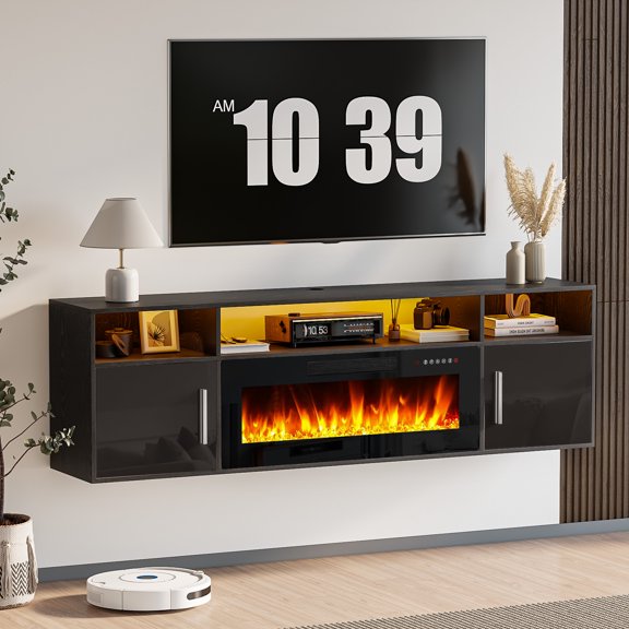 PUKAMI Floating Fireplace TV Stand 70'', Wall Mounted Entertainment Center with LED Light, Modern Media Console & Storage Cabinet for Living Room