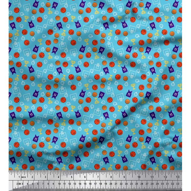 Soimoi Polyester Crepe Fabric Trophy,Timer Clock & Basketball Sports Print Sewing Fabric Yard 42 Inch Wide