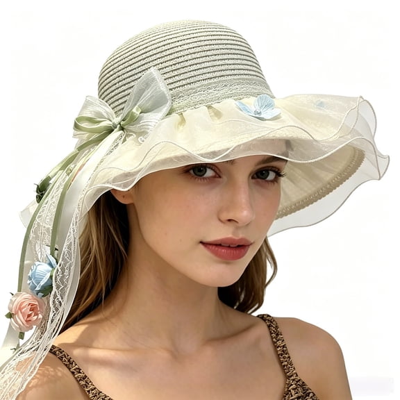 Delayuji Womens Bowknot Hat Lace Ribbon Decor Breathable UV Protection Summer Hats Travel Stylish Floral Hat Portable Outdoor beach hat Daily Sun Cap