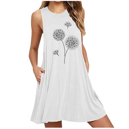 

Follure Dresses for ladies Fashion Womens Pocket Dandelions Printing Sleeveless Casual Nightdress Dresses White L