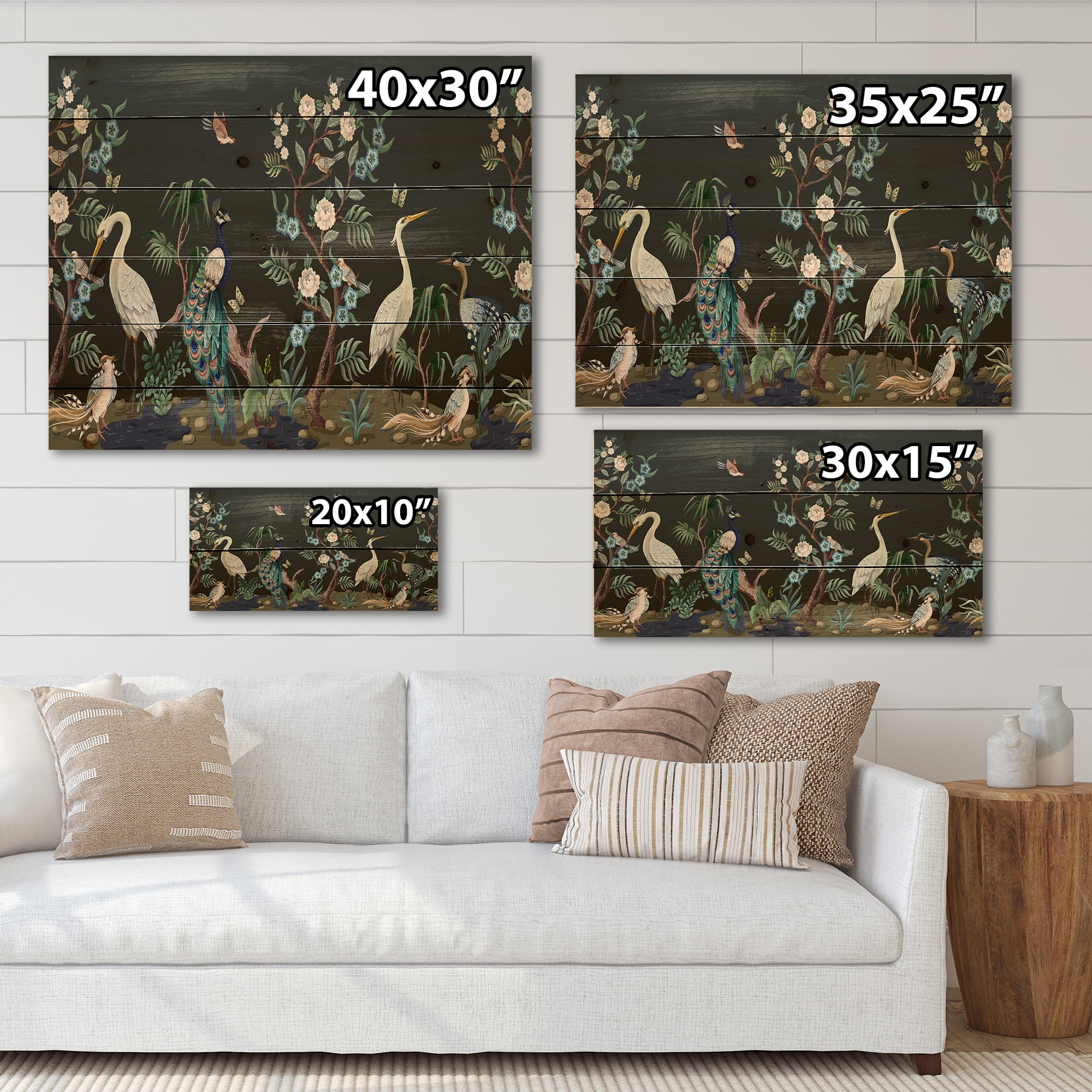 Designart 'Chinoiserie With Peonies and Birds IV' Traditional Print on Natural Pine Wood