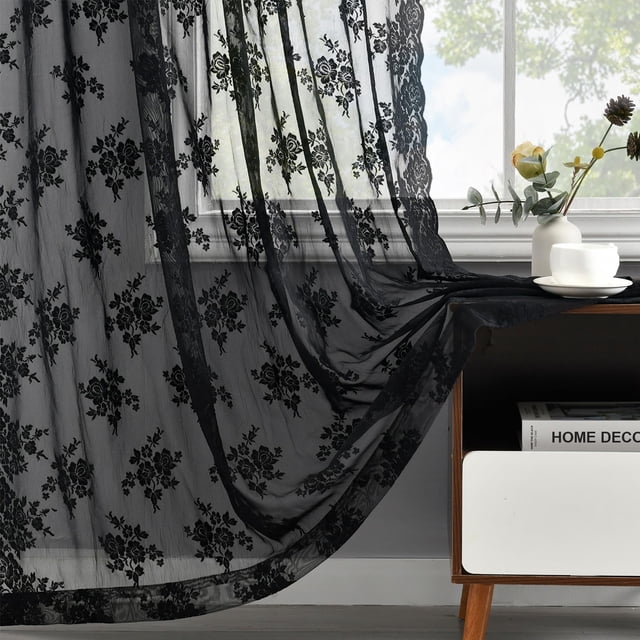 Cortinas de encaje Kotile, color negro, 213 cm de largo, 2 paneles, sala de estar