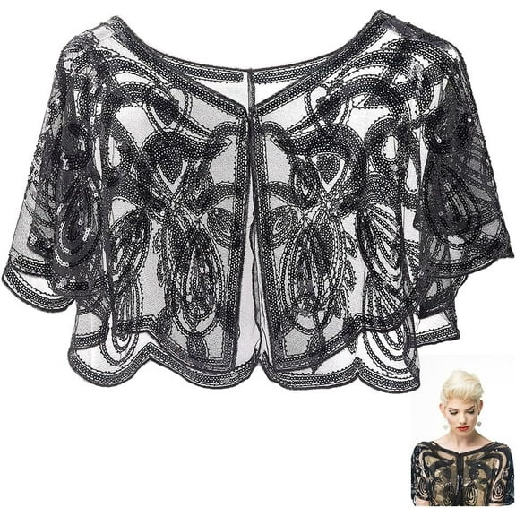 Black Flapper Wrap Shawl 1920s Womens Polyester Sequin Evening Cape Shawls and Wraps Sequins Beaded Sheer Silky Chiffon Cover Up