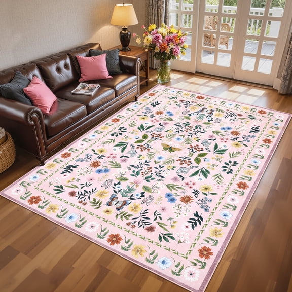 Garvee 9'x12' Area Rug Washable Floral Rug, Vintage Distressed Soft Carpet with Non Slip Backing for Living Room Bedroom Home Office, Pink