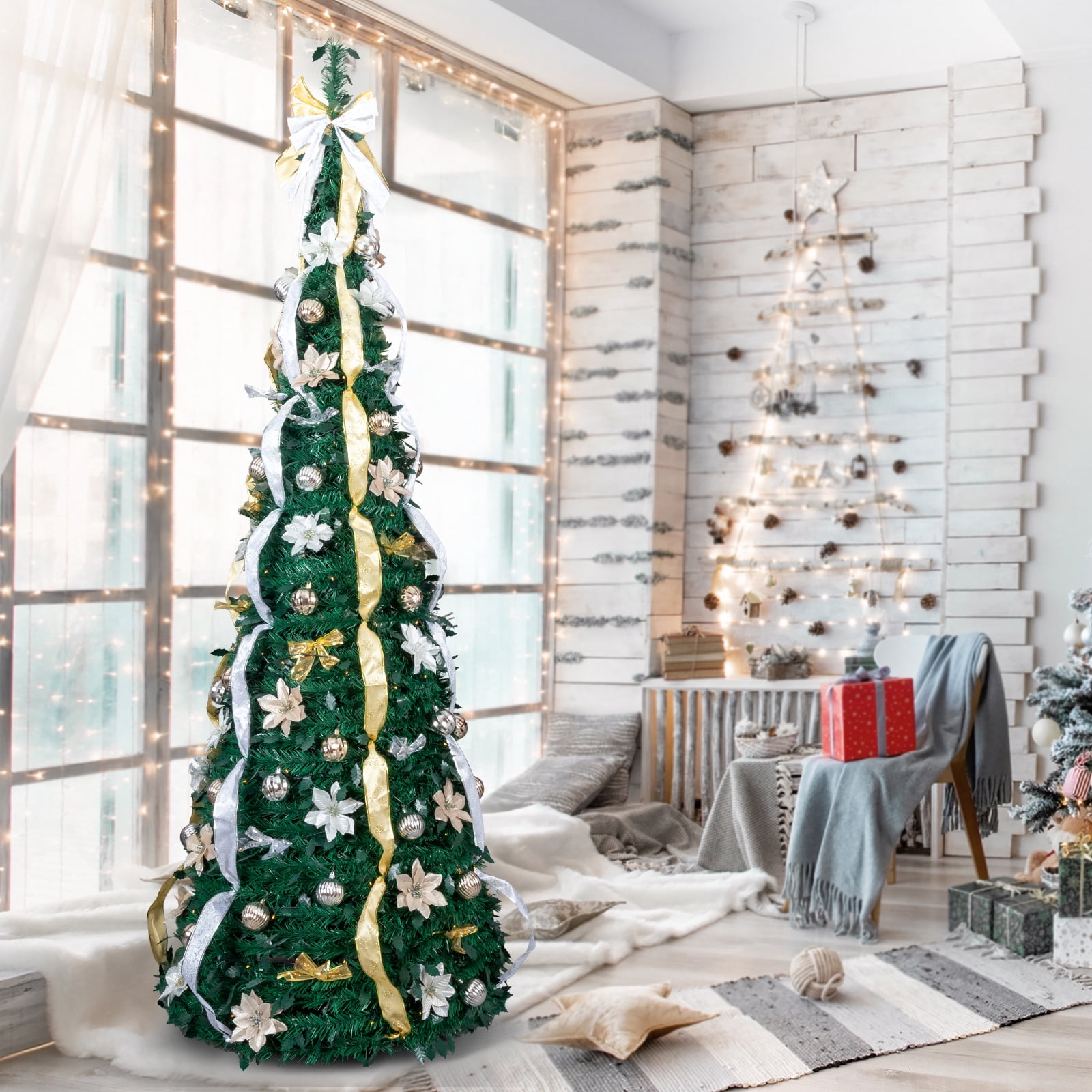 7 FT Fully Decorated Pre-lit Christmas Tree, Pop Up Artificial Xmas Tree with 200 Warm Lights Remote Control and Godlen & Silver Ornaments for Home Office Store Holiday Decor