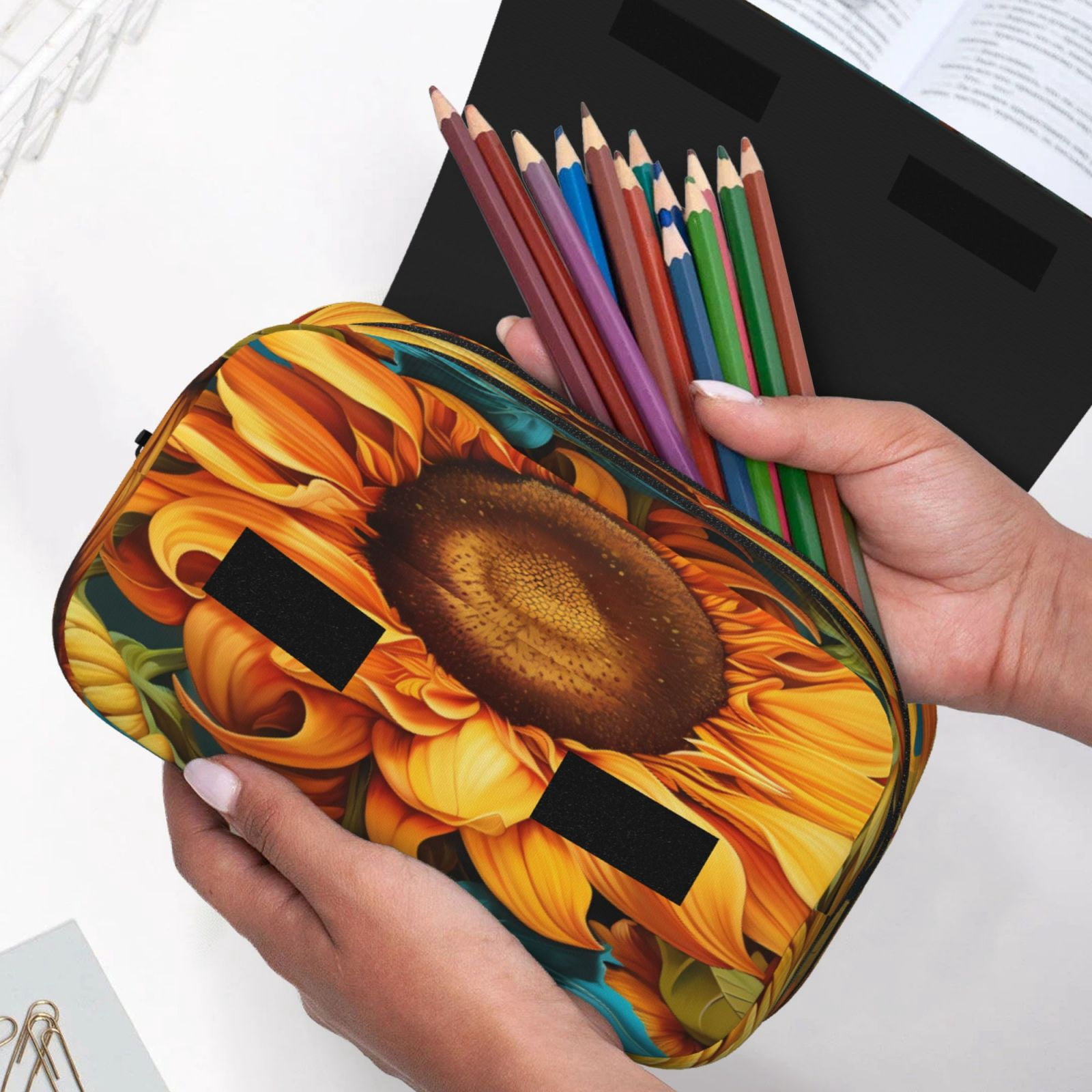 Rateoe Deep Yellow Colorful Sunflower Pattern Double Clamshell Pen Case, Storage Organizer with Two Zipper Compartments– Holds Up to 50 Pencils & Pens