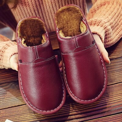 

CoCopeanut Men Home Slippers for Winter Warm Plush Slippers women Bedroom Genuine Leather Unisex man House Indoor Shoes Large size 11