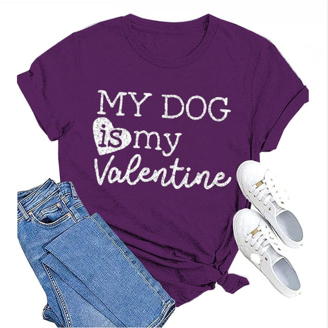 Tittly T-Shirts pour Femmes T-Shirts Graphiques Saint-Valentin Mon Chien Est Mon Valentin Imprimé Chandail Décontracté Imprimé Col Rond T-Shirt Chandail pour Femme T-Shirt T-Shirts Chemises Hauts pour Femmes Violet G