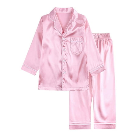 Otqutp Middle and Large Children s Homewear Pajamas Set Kids Boys Girls Summer Solid Color Satin Silk Short Sleeve Button Down Shirts Shorts Sleepwear(C-Pink 7-8 Years)