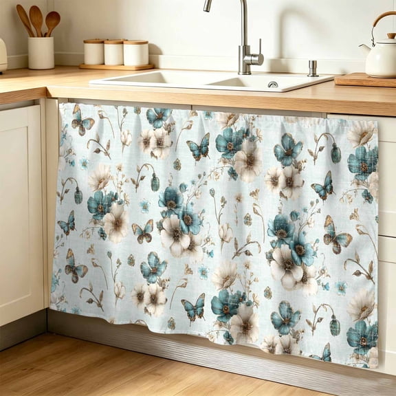 Teal Beige Floral Cabinet Curtains for Shelves, Spring Elegant Garden Flowers Blue Privacy Curtain for Closet Self Adhesive, Dust-Proof Drapes for Closet Storage Room Classroom Doorway, 32"W x 55"L