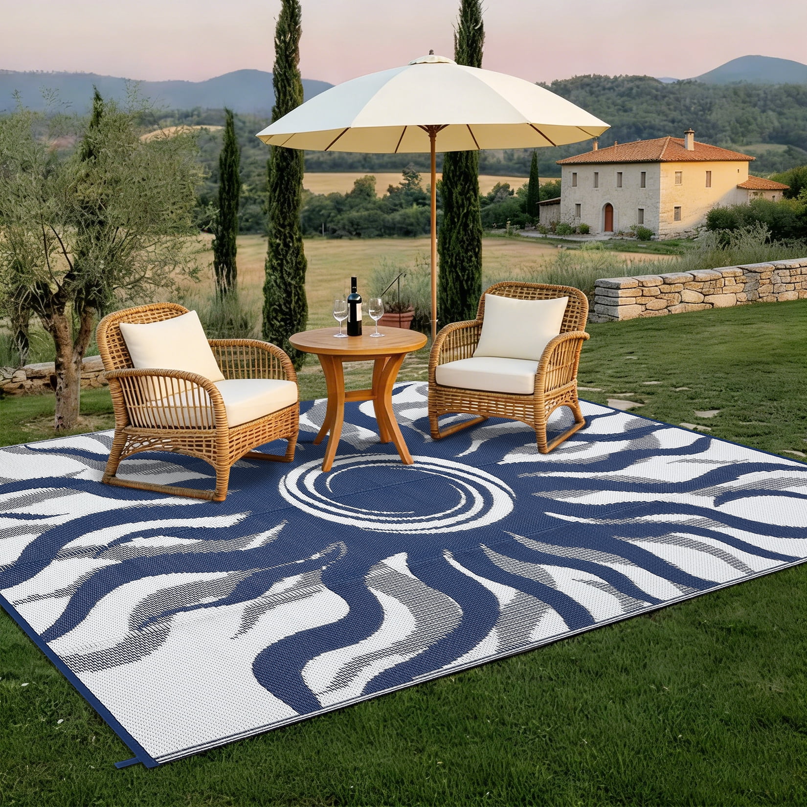 HIWEAVER Navy 9'x 12' Outdoor Rug Garden Decor Abstract Sun Pattern Carpet Plastic Straw Waterproof Reversible Patio Area Rug for Balcony Deck Picnic Portable Camping Mat