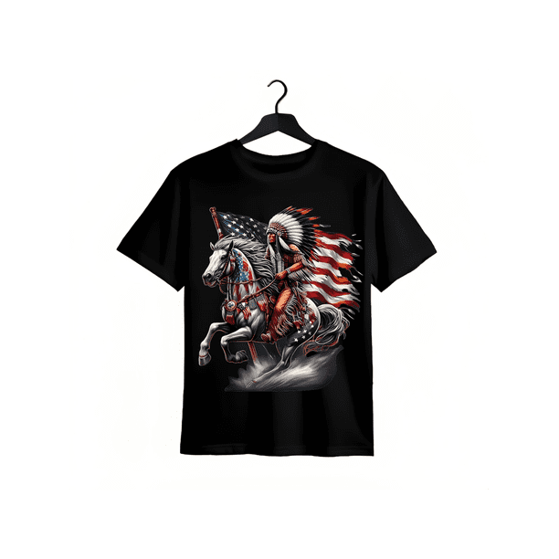 CAMISETA DE VERANO 100% fabricada en EE. UU., 180 g, bandera india, caballo, negra -1 A54
