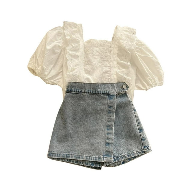Hiiyo Ensembles pour Filles Haut en Dentelle à Manches Courtes et Jeans Ensemble 2 Pcs