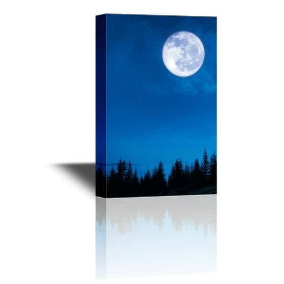 wall26 - Canvas Wall Art - Black Forest in The Night with The Full Moon in The Sky - Gallery Wrap Modern Home Art | Ready to Hang - 32x48 inches