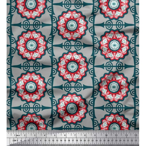 Soimoi Satin Silk Fabric Stripe & Mandala Decorative Printed Fabric 1 Yard 42 Inch Wide