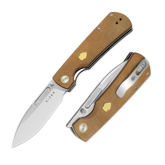 Kizer Retro Drop Point Folding Pocket Knife Nitro-V Blade Micarta & Brass Handle Handle V4726A1, Khaki