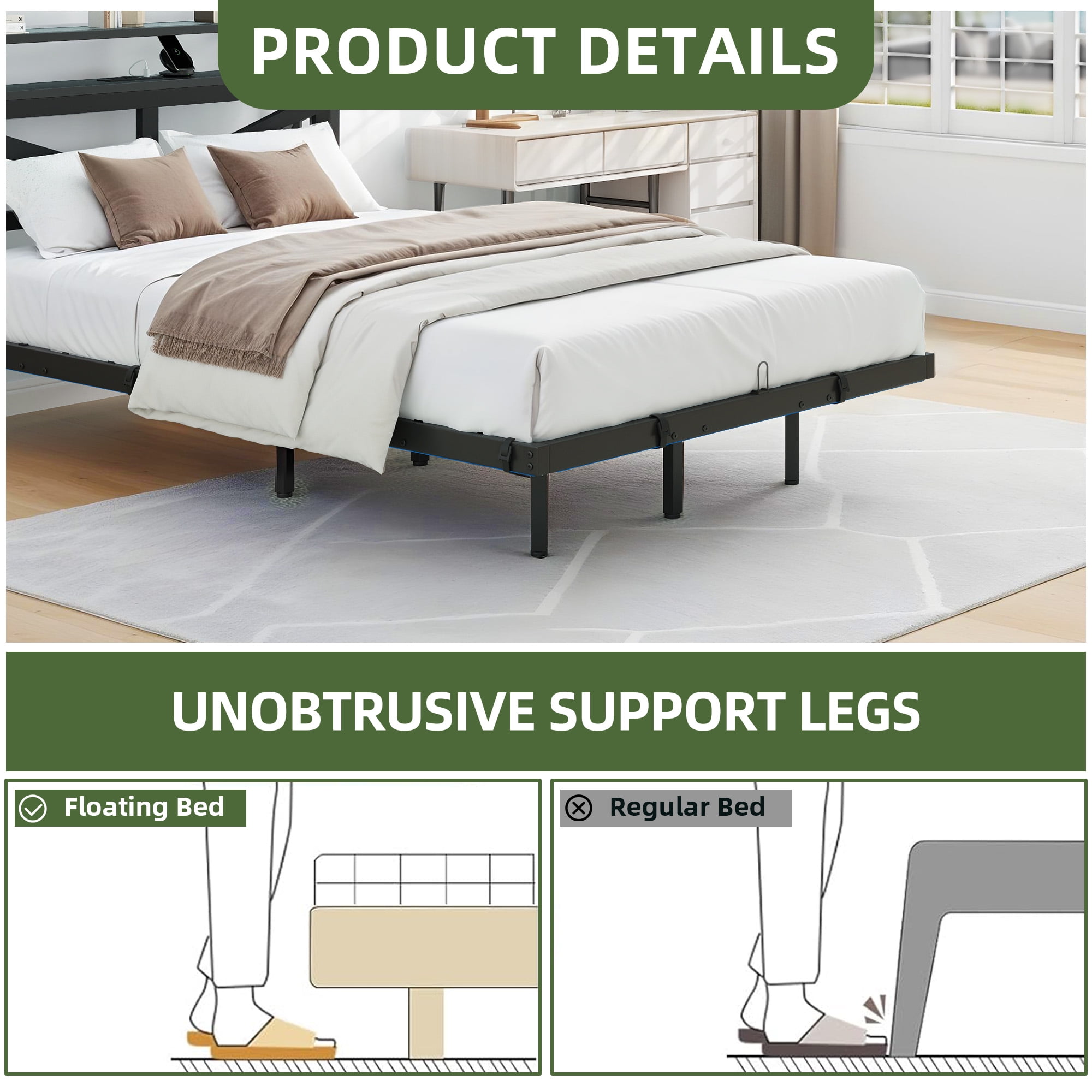 Uforic Modern Floating Bed Frame, Full Size Bed Platform with 2-tier Storage Headboard, Noiseless Metal Frame, Built-in Power Hub, and LED Lights, Black