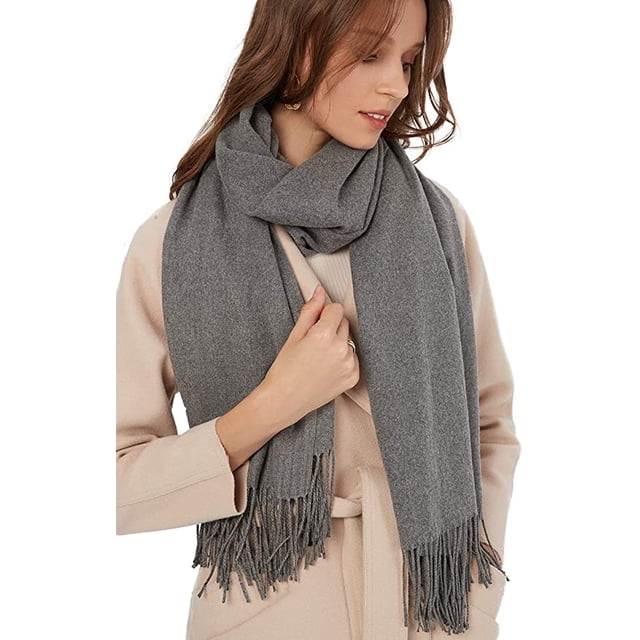 Foulard Femme Chaude d'Automne en Coton Uni avec Pompons / Franges (Gris)